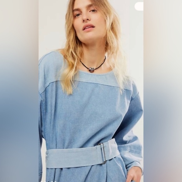 Free People Ora Dark Combo Denim belted Mini Dress‎ size XS new - Picture 4 of 5